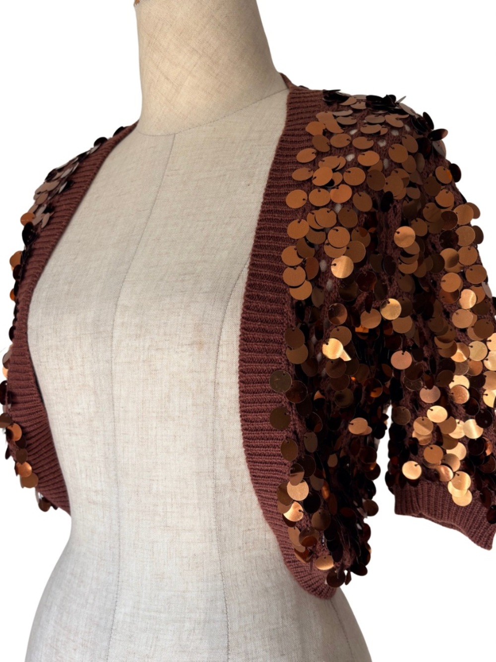 Y2K vintage sequin paillette embellished cropped bolero cardigan Brown short sp